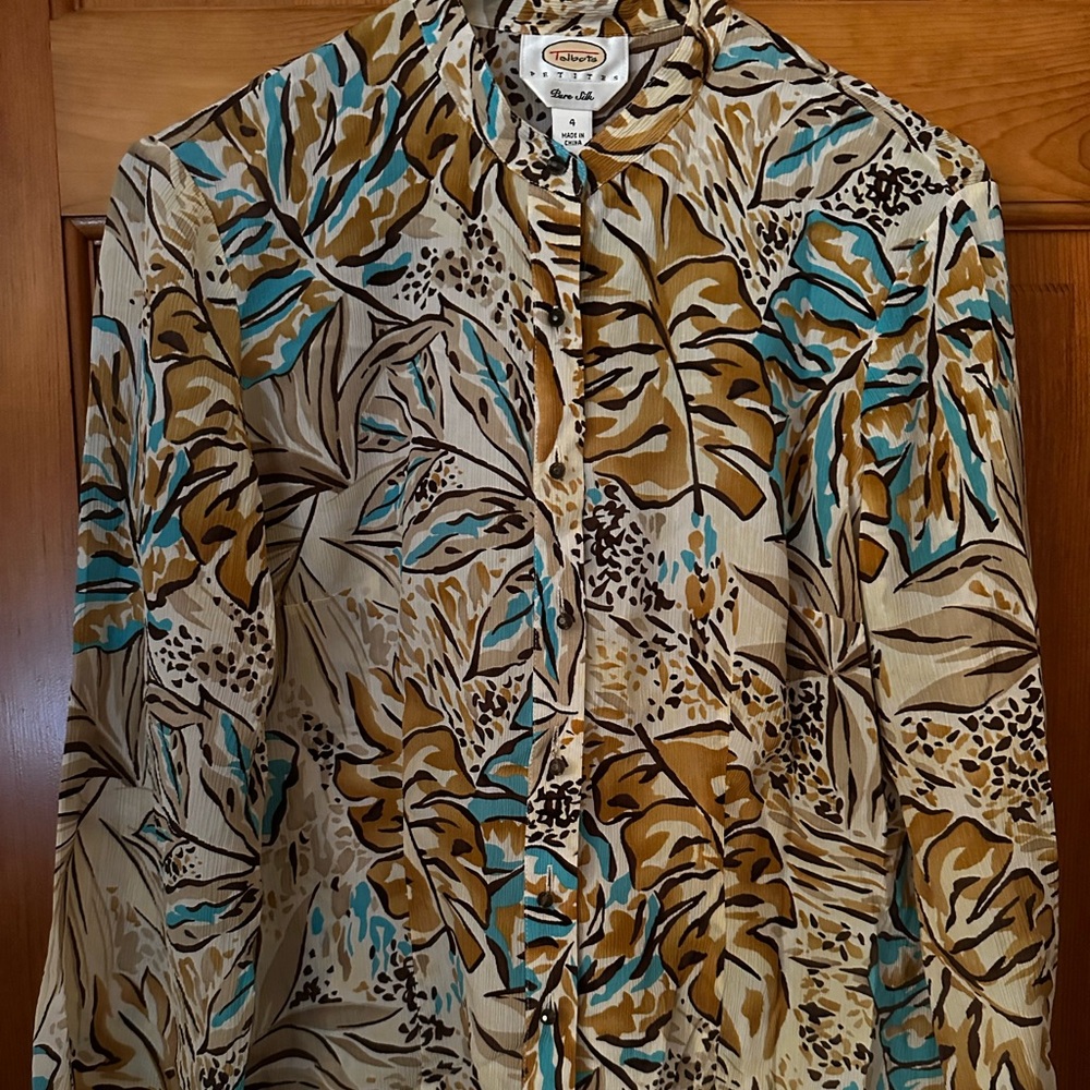 Talbots Blue and Gold Silk Button Down Blouse